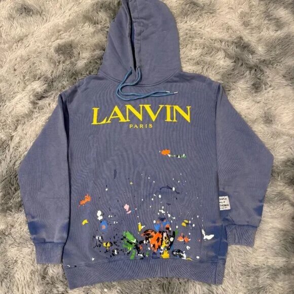 Lanvin Paris Blue Painted Pullover Hoodie Men’s Size Medium